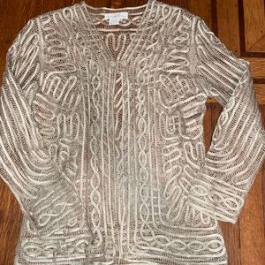 100% silk Intricate Cream Open Knit Cardigan battenburg lace nwot blouse top